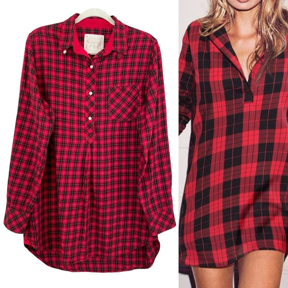 Victoria’s Secret Silk Cotton Blend Tartan Plaid Sleep Lounge Shirt Size Medium‎